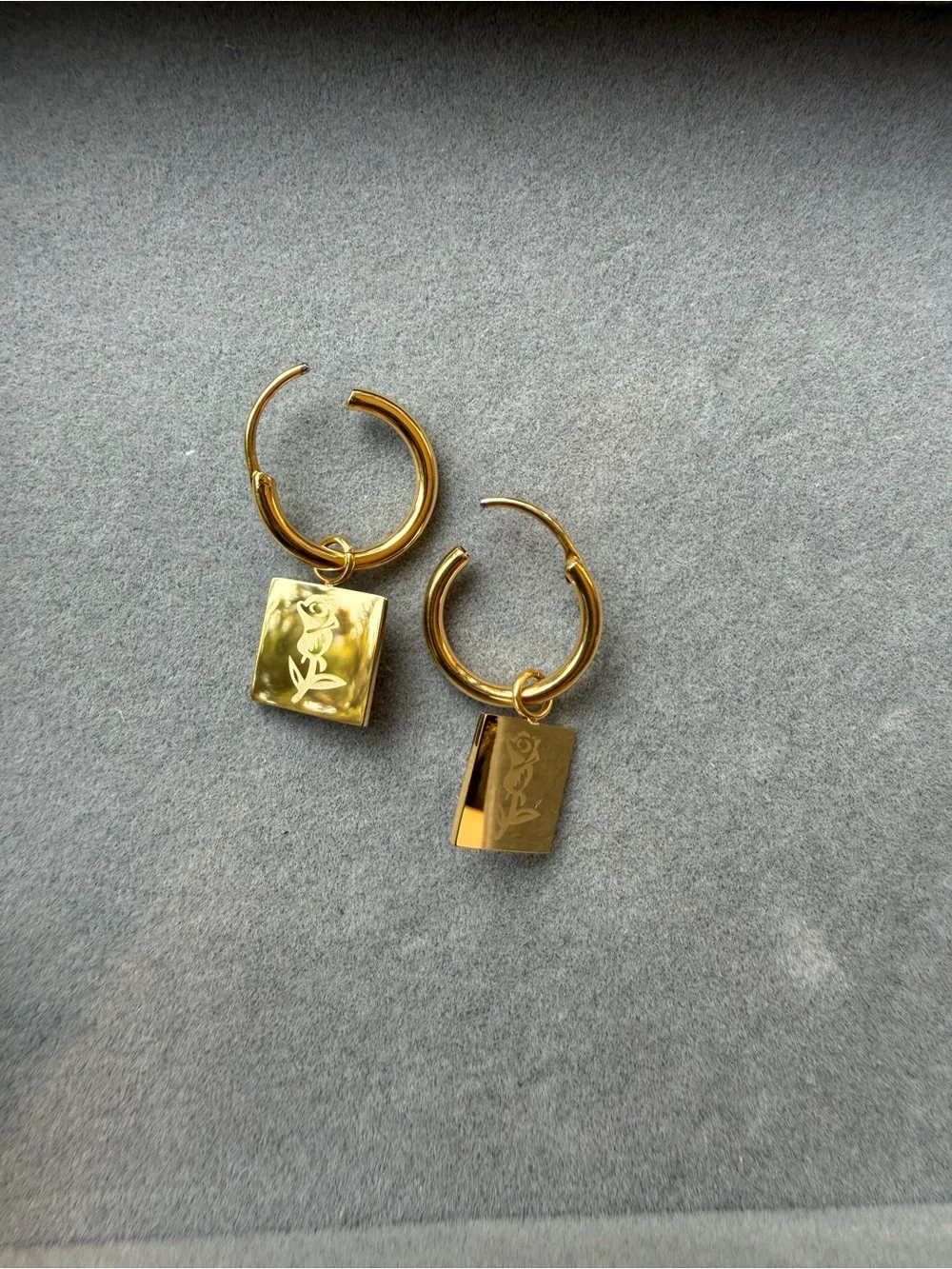 NWT Gold Square Engraved Rose Charm Stainless Steel Hoop Earrings